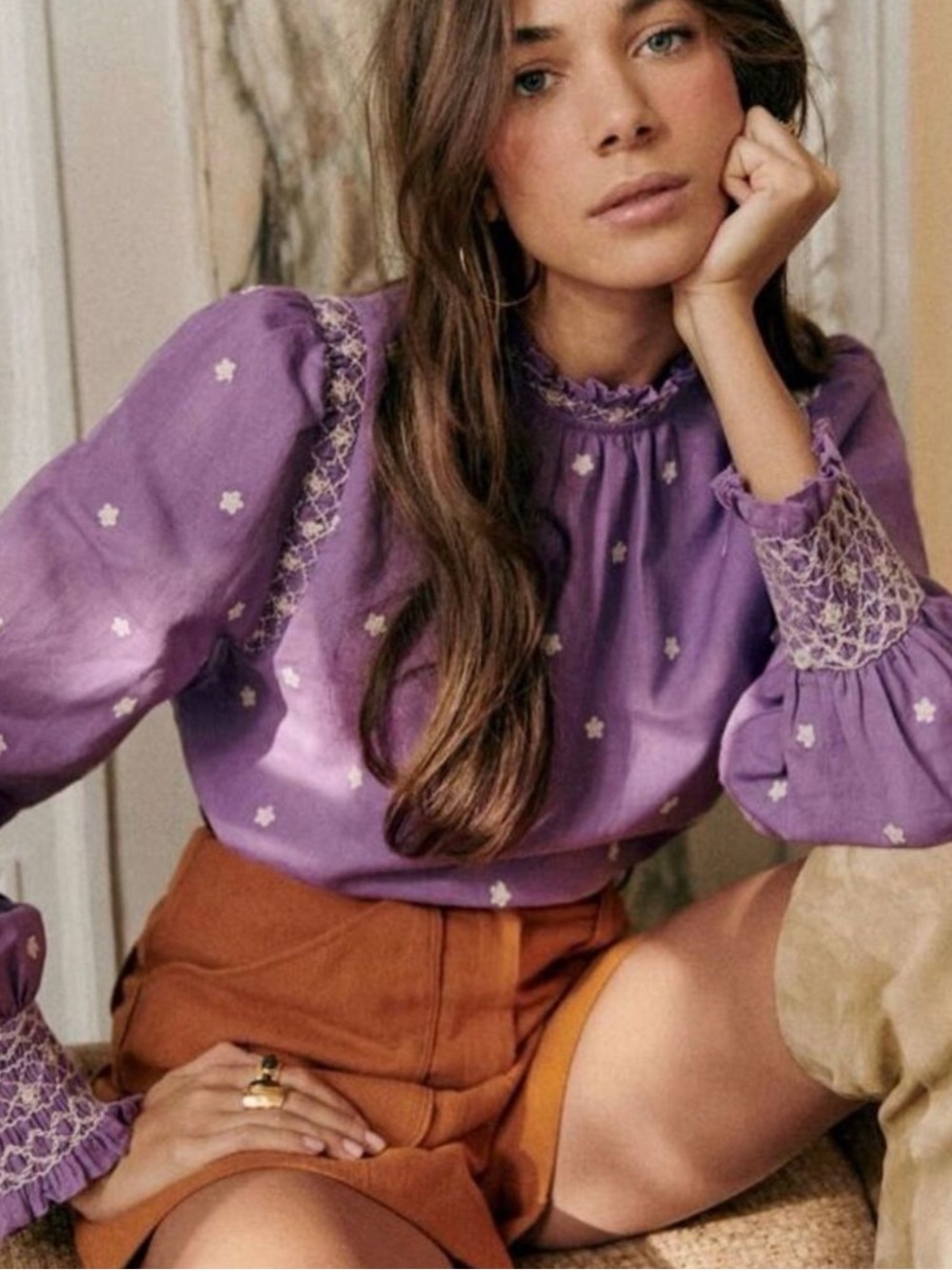 Sezane Milano Embroidered Blouse Sz 38/6 Medium Lavender Purple Linen Top Floral